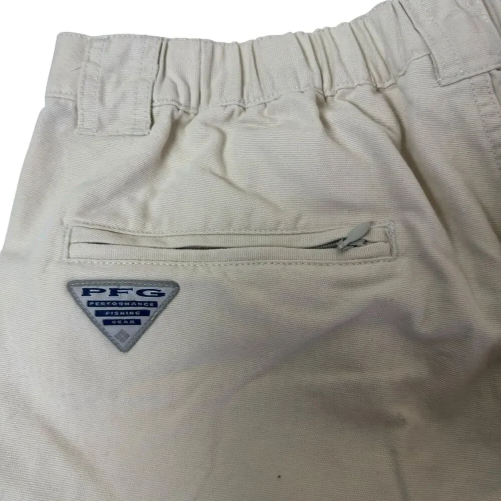 Vintage Columbia PFG Cargo Shorts Mens Medium Beige Cotton Fishing Elastic